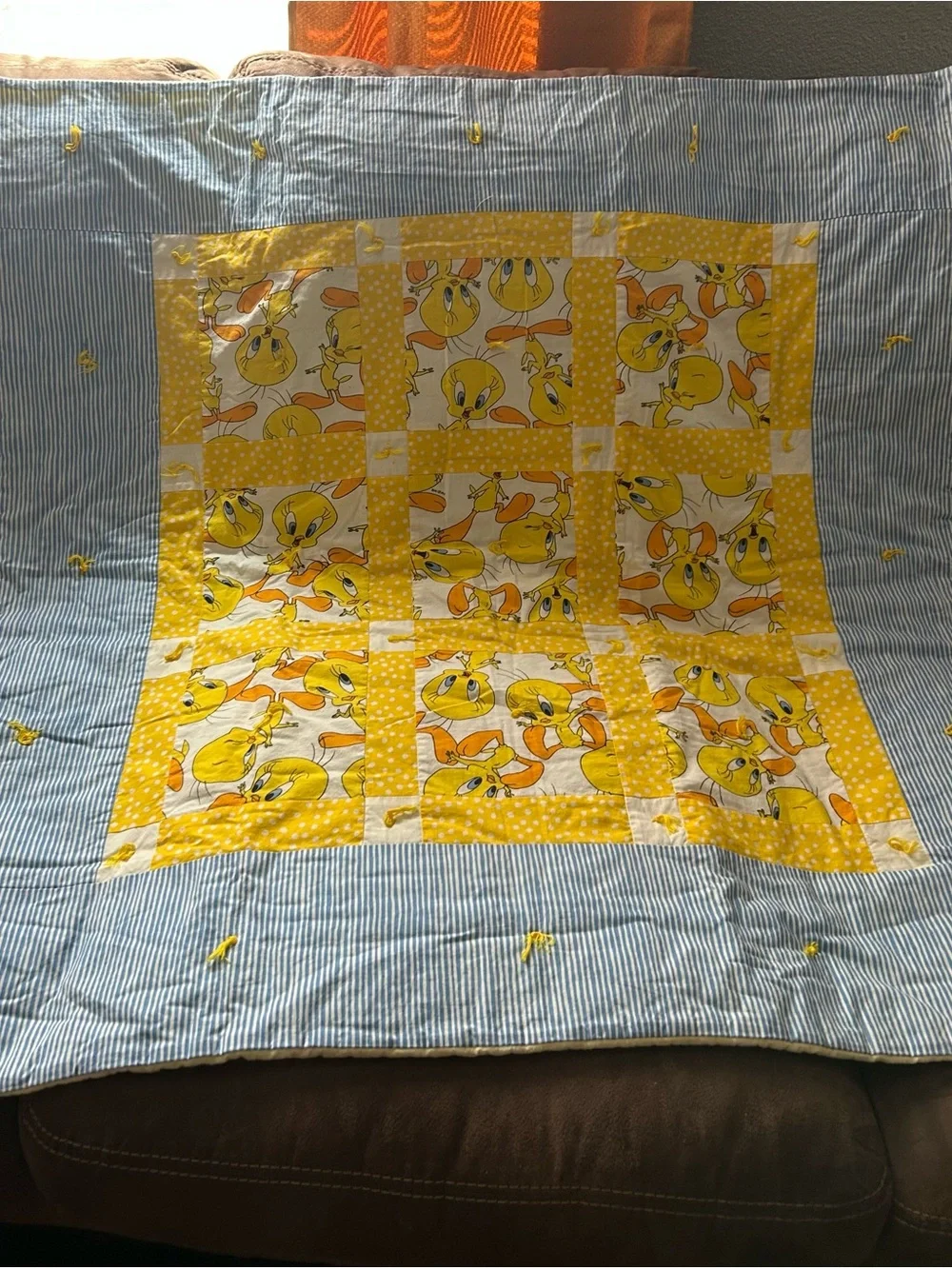 Yellow Tweety Patchwork Baby Quilt with Blue Stripe Border